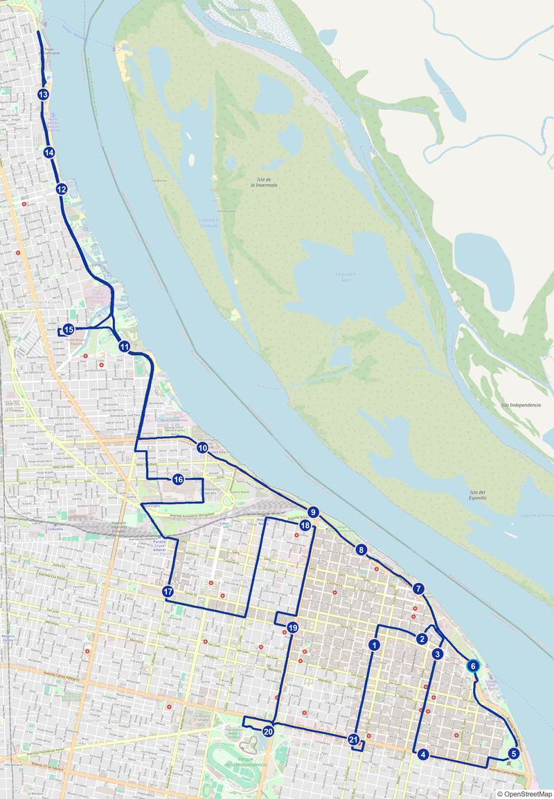 Mapa del recorrido del City Tour con las 21 paradas